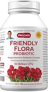 ANDREW LESSMAN Friendly Flora Probiyotik 180 Capsules - 10 Milyar CFU, Beş Probiyotik Strains, Güçlü Immune ve Digestive Support. Kadınlar veya Erkekler için Probiyotikler