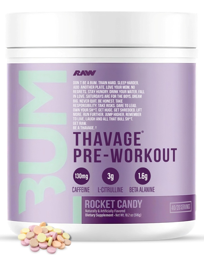 RAW Pre Workout Toz, Thavage (Rocket Candy) - Chris Bumstead Sports Nutrition Supplement for Men & Women - CbumPreworkout for Working Out, Hydration, mental Focus & Energy - 40 Hizmetler