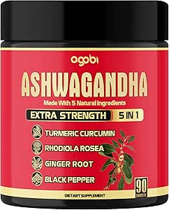 Ashwagandha Capsule 5in1-90 Vegan Capsules Ginger, Turmeric, Rhodiola Rosea & Black Pepper