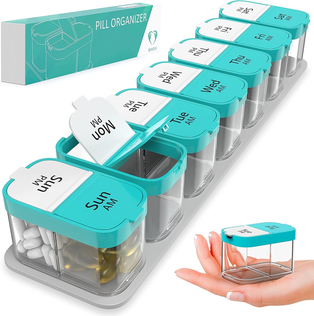 Ekstra Büyük Haftalık Pill Organizer - XL Vitamini 7 Detachable AM PM Karşılaştırmalar - Ev ve Seyahat için Portatif Tıp Hediyesi, Haftalık veya Günlük kullanım için Big Supplement Konteyner, Mint
