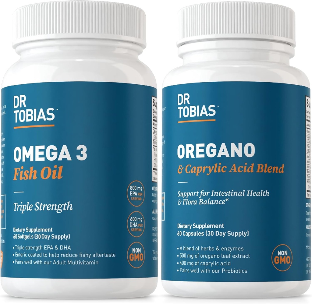 Dr. Tobias Omega 3 Fish Oil and Regano & Caprylic Acid Συμπληρώματα, Υποστηρίζει την καρδιά, τον εγκέφαλο, τον ανοσοποιητικό με το σύμπλεγμα ισορροπίας Gut Flora & Εντερική υγεία για γυναίκες & άνδρες