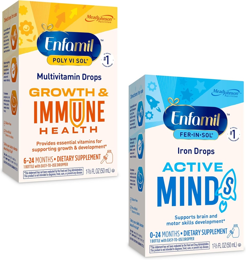 Enfamil Poly-Vi-Sol και Fer-in-Sol Iron Liquid Drop Multivitamin Supplements για βρέφη και Toddlers, 2x50 mL Σταγονόμετρο μπουκάλι