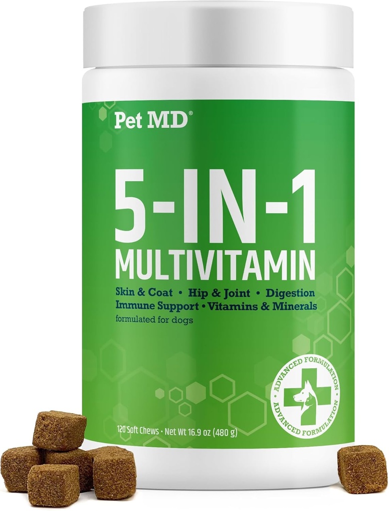 Pet MD 5in1 Dog Multivitamin - 30 Temel Vitaminler, Mineraller ve Skin & Coat, Hip & Ortak, Digestion, Immune & Senior Dogs - Glucosamine, Omega 3 6 9, & Probiyotikler - 120 ct