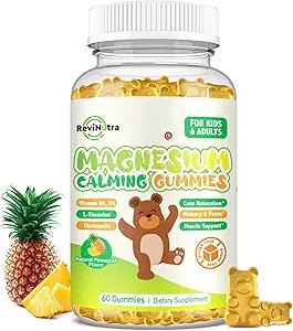 Magnesium Gummies for Kids - Magnesium Glycinate Gummies Supplement with L-Theanine, Vitamin B6, D3 for Adults & Kids, Calm Magnesium for Sleep, Relaxation, Brain, Bones,Sugar Free Pineapple 60ct