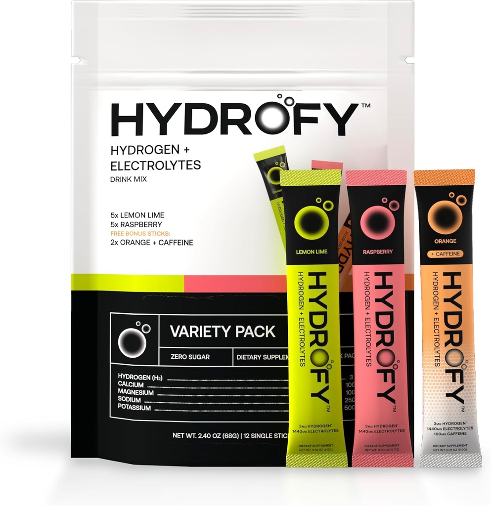 Hydrofy Hidrojen Su + Elektrolytes Drink Mix - Çeşitli Paket | H2 Hydration Packets with Molecular Hidrojen, sodyum, Pyum, Magnezyum | Lemon Lime, Raspberry, Orange + Caffeine | 12 Count