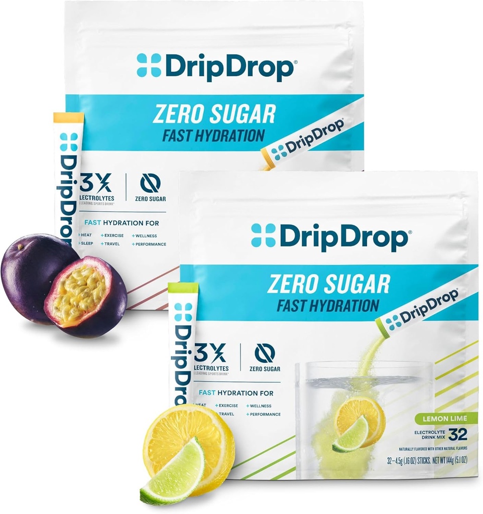 DripDrop Hydration - Ηλεκτρολυτές Packets σκόνης - Λεμόνι Lime & Πάθος Φρούτα Zero Sugar Bundle - 64 Count
