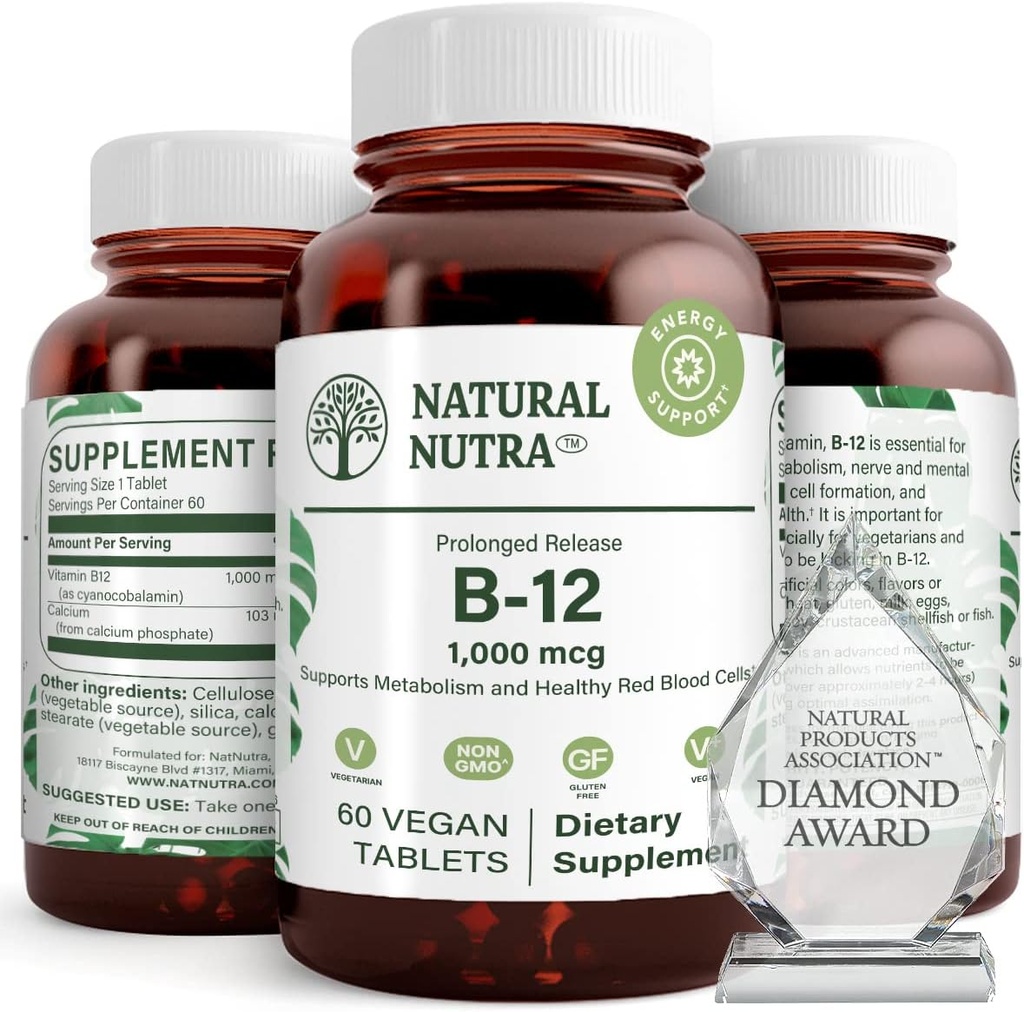Natural Nutra Vitamin B12 1000 mcg, Cobalamin B 12 συμπλήρωμα, Φωσφορικό ασβέστιο, Βοήθεια στο Μεταβολισμό Υγεία, Υποστηρίζει το νευρικό σύστημα, Βέλτιστη απορρόφηση, Χωρίς γλουτένη, Χωρίς ζάχαρη, 60 Vegan δισκία
