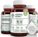 Doğal Nutra Vitamin B12 1000 mcg, Cobalamin B 12 Supplement, Kalsiyum Phosphate, Metabolism Health'de Yardım, Destek Nervous System, Optimal Absiyon, Gluten Free, Sugar Free, 60 Vegan Tabletler