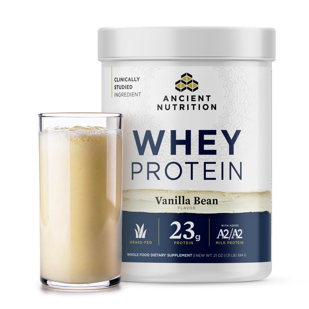 Ancient Nutrition Grass Fed Whey Protein, Vanilla Bean, 23g Protein, 20 Servings, Hydrolyzed Collagen Peptides, Organic Regenerative A2/A2 Milk Protein