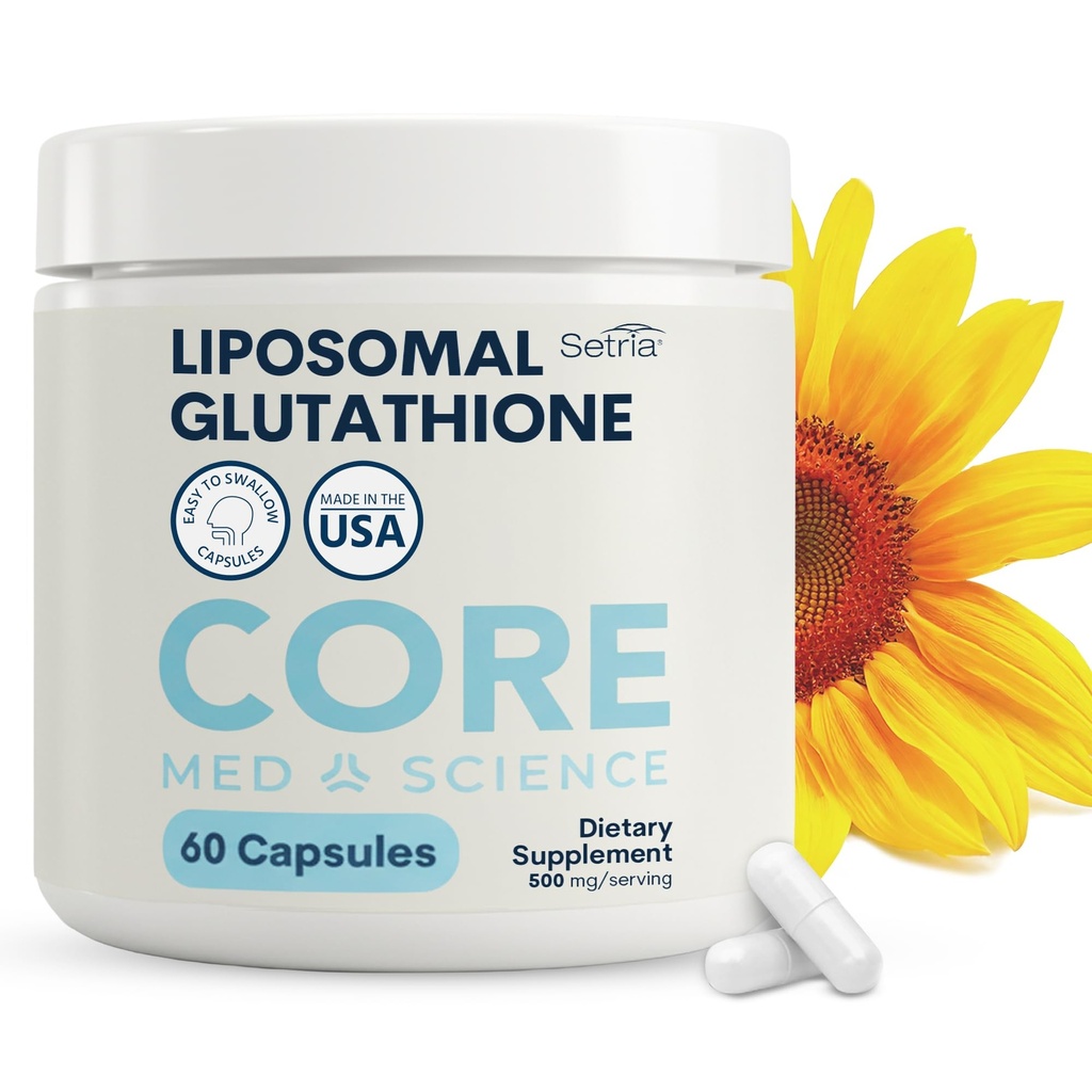 Core Med Science Liposomal Glutathione Supplement (500 mg, 60 Capsules) - Pure Reduced Setria with Phospholipid Kompleksi - Antioksi Supplement for Energy, Brain Health, Skin & Liver Health