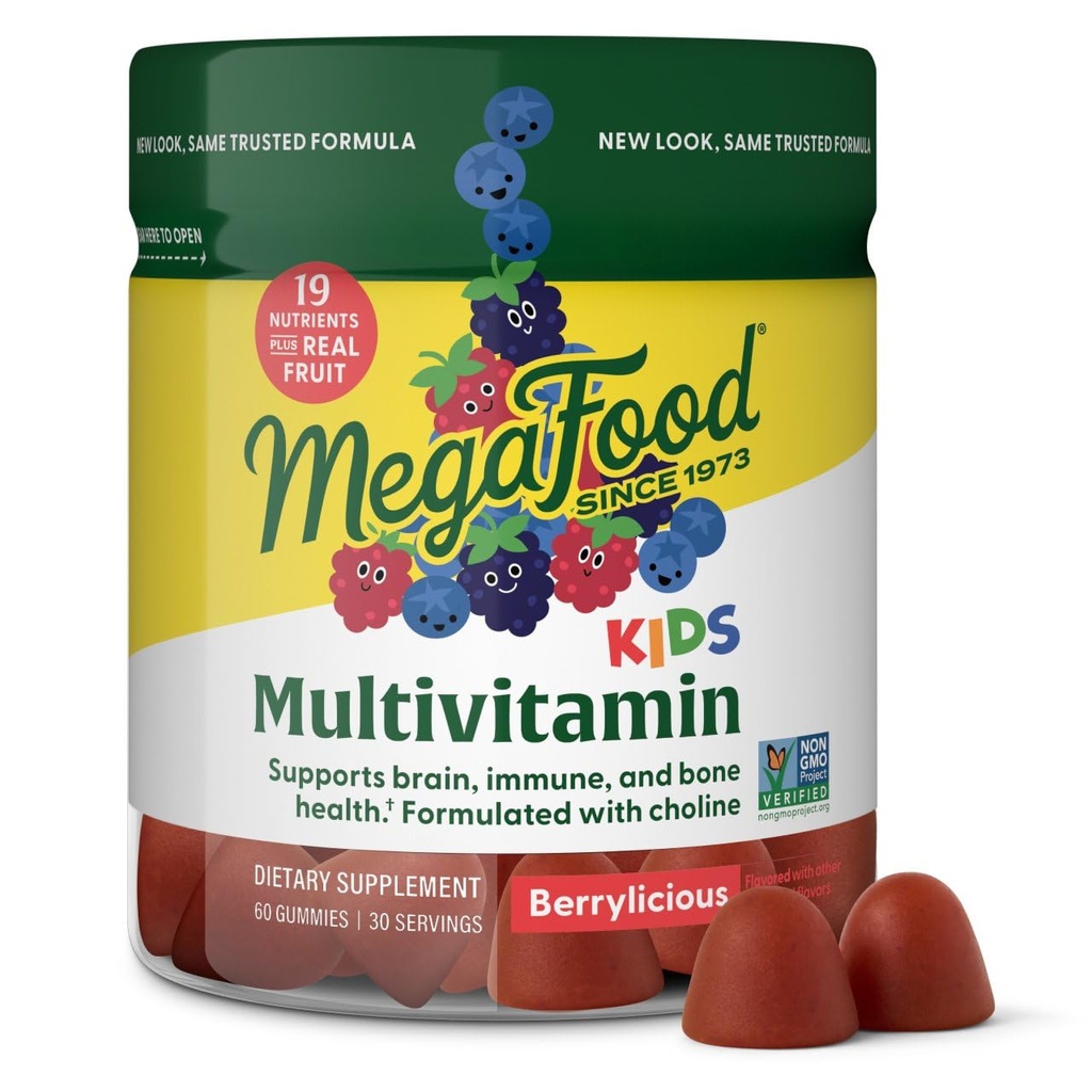 MegaFood Kids Multivitamin Gummies - Çocuklar Vitamin C, Vitamin D, çinko, Choline ve Real Fruit - Brain & Immune Support - Berrylicious Flavor - 60 Gummies (30 hizmet)