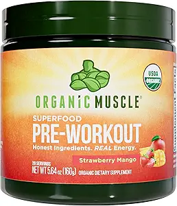 USDA Organic Pre-Workout Powder, Strawberry Mango | Clean Energy Without Jitters | Natural Performance Boost | No Artificial Sweeteners | 20 Superfoods | Low Caffeine, 20 Servings