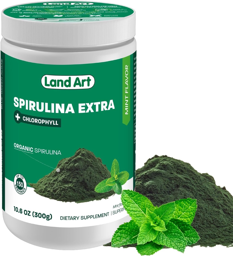 Land Art Organic Spirulina Ekstra Toz - Mint Flavoured -% 100 Pure - 75 Hizmet - Superfood - İyi Tadı ve İyi Koku - 10 Biyoaktif Klorophyll - Antioksitoksit Kaynağı - Antioksitoksitoksitoksitoksitoksit Kaynağı