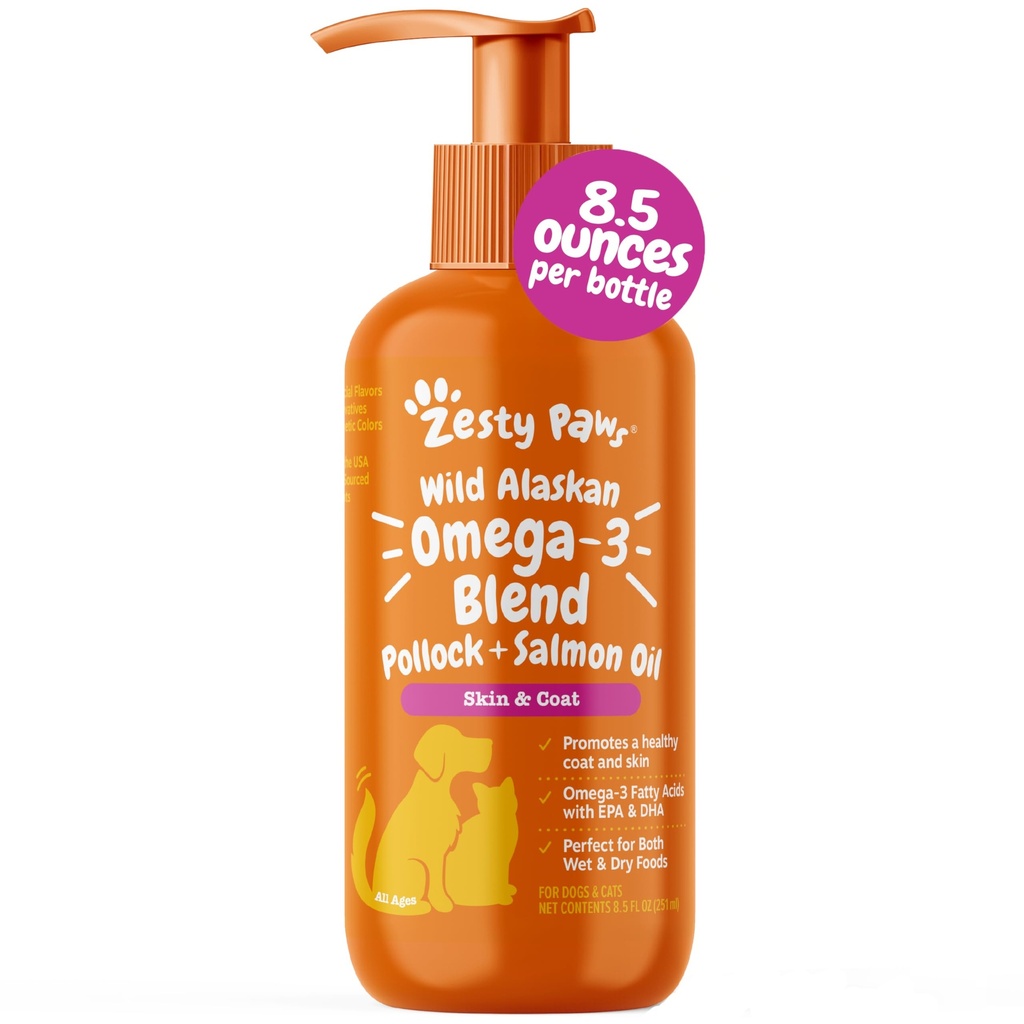 Zesty Paws Wild Alaskan Omega-3 Mix Pollock + Köpek ve Kediler için Salmon yağı, Omega 3 Supplement for Pets, 8.5oz