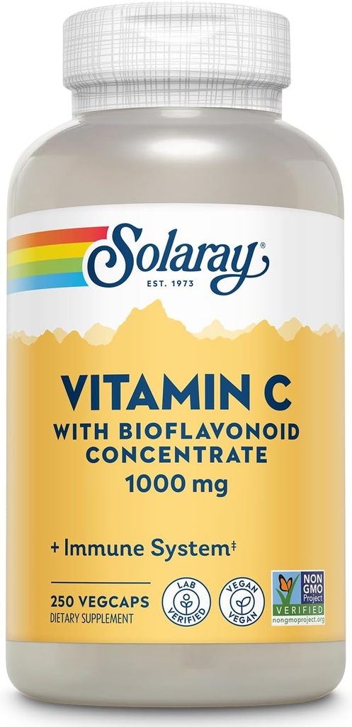 SOLARAY Vitamin C 1000mg με Bioflavonoids Συμπυκνωμένο - Βιταμίνη C Κάψουλες με Rose HIPS και Acerola Cherry - Αντιοξειδωτικό, Heart Health και ανοσοποιητικό συμπλήρωμα υποστήριξης, Vegan, Non-GMO, 250 Servings