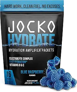 Jocko Yakıt Hydrate Electrolytes Toz Paketleri Low Sugar - Hydration Amplifier Packets for Recovery, Dehidrasyon ve Egzersiz - Vitaminler B6, B12 & C (16 Packets) Blue Raspberry