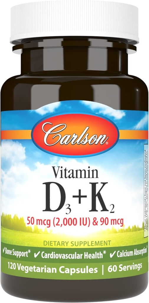 Carlson - Vitamin D3 + K2, 50 mcg (2000 IU) Vitamin D3 & 90 mcg K2 MK7, Bone Support,dis Abxia, 120 Capsules