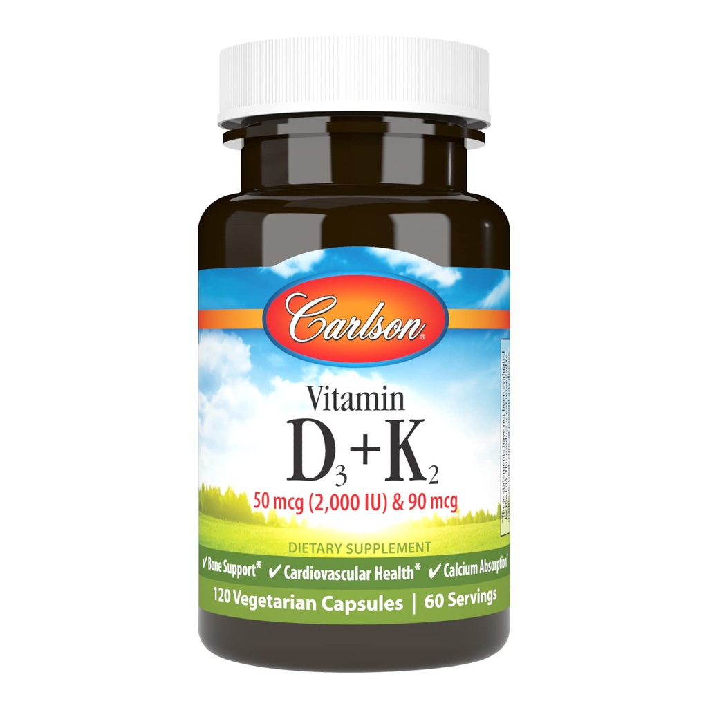 Carlson - Vitamin D3 + K2, 50 mcg (2000 IU) Vitamin D3 & 90 mcg K2 MK7, Bone Support,dis Abxia, 120 Capsules