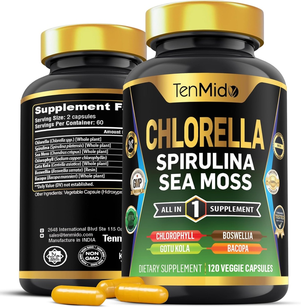 Erkekler ve Kadınlar için klorella Supplement - Spirulina, Sea Moss, Chlorophyll, Gotu Kola, Boswellia & Bacopa - Immune Support - Rich in Nutrient, Vitamins - 120 Capsules