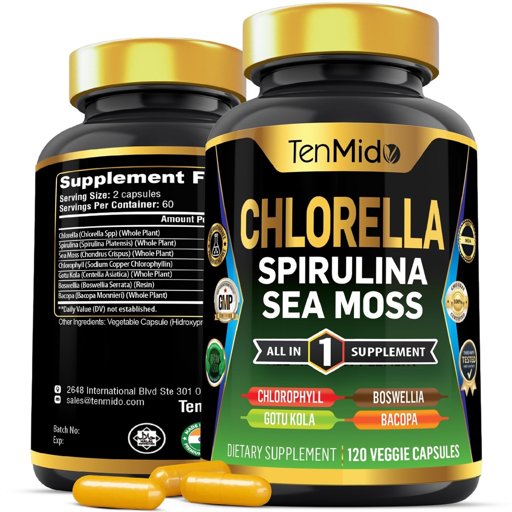 Erkekler ve Kadınlar için klorella Supplement - Spirulina, Sea Moss, Chlorophyll, Gotu Kola, Boswellia & Bacopa - Immune Support - Rich in Nutrient, Vitamins - 120 Capsules