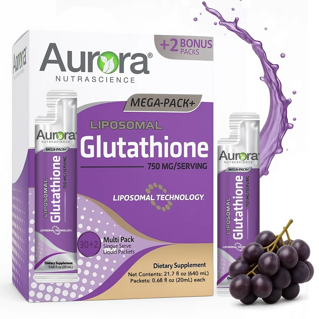Aurora Nutrascience Mega-Liposomal Liquid Glutathione, Immune & Antioksi Gut Health Support Supplement, 750 mg per Service, Non-GMO, Sugar-Free, 32 Single Serve Packets