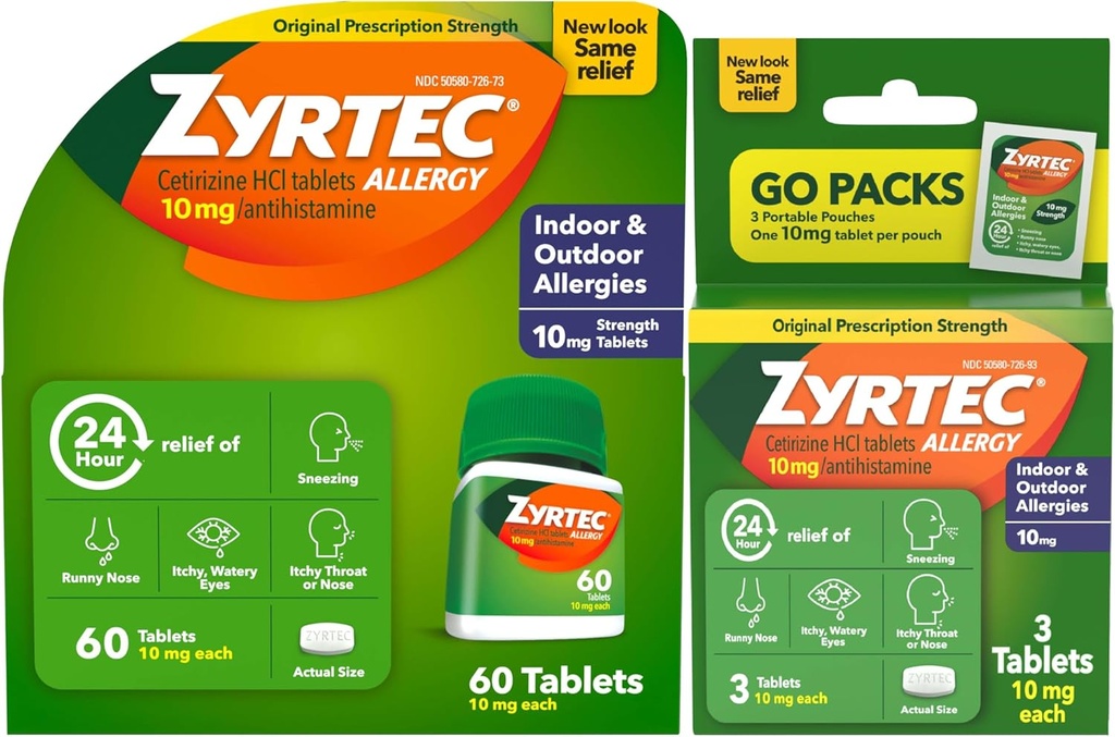 Zyrtec 24 Ωρολογιακά δισκία ανακούφισης, Εσωτερική και Εξωτερική Αλλεργία Ιατρική με 10 mg Cetirizine HCl ανά αντιισταμινικό δισκίο, Bundle Pack, 60 ct + 3 ct Travel Packs, 63 Count