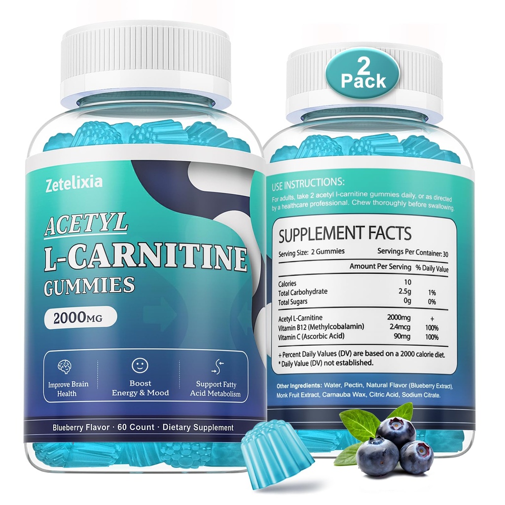 2 Pack Sugar Free Acetyl L-Carnitine Gummies, L-Carnitine Supplement for Women & Men, C & B12, ALCAR for Energy, Brain & Heart Health Support, Vegan, Non-GMO, 120 Count