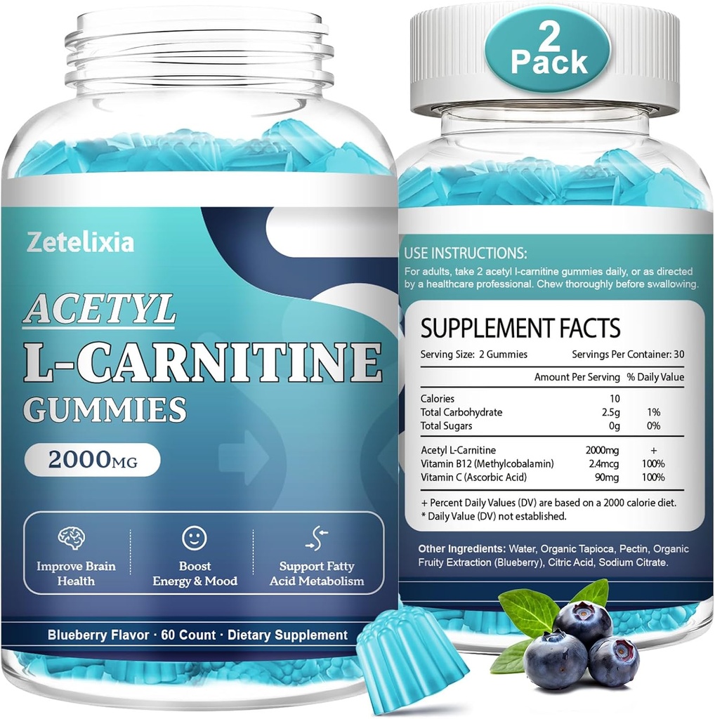 2 Pack Sugar Free Acetyl L-Carnitine Gummies, L-Carnitine Supplement for Women & Men, C & B12, ALCAR for Energy, Brain & Heart Health Support, Vegan, Non-GMO, 120 Count