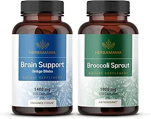 HERBAMAMA Brain Support & Broccoli Sprout Kit - Bundle of 1400 mg Brain Support Complex &1000 mg Broccoli Sprout Capsules - Vegan, Non-GMO, Gelatin-Free - 2 Pack