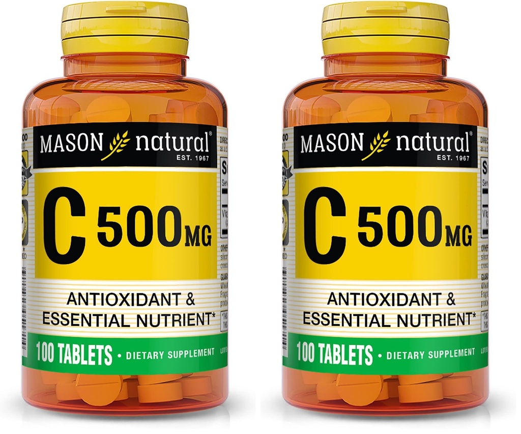 MASON ΦΥΣΙΚΗ Βιταμίνη C 500 mg - Υποστηρίζει Υγιές ανοσοποιητικό σύστημα, Αντιοξειδωτικό και Ουσιαστικό θρεπτικό συστατικό, 100 δισκία (πακέτο του 2)