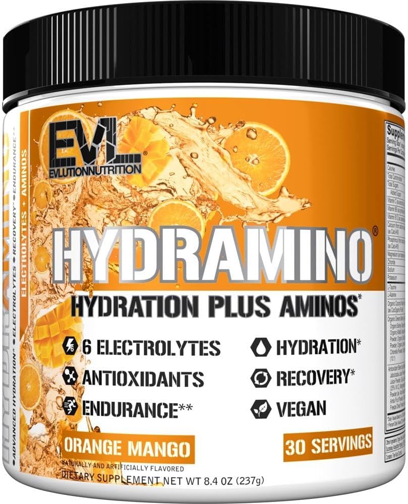 Διατροφή Evlution HYDRAMINO Πλήρης Πολλαπλασιαστής Ενυδάτωσης, Όλα 6 Ηλεκτρολύτες, Βιταμίνη C & B, Υγρό Ενίσχυση Αμίνος, Καρύδα Νερό, Αντοχή, Ανάκτηση, Αντιοξειδωτικά, 30 Σερβίρουμε, Πορτοκαλί Μάνγκο