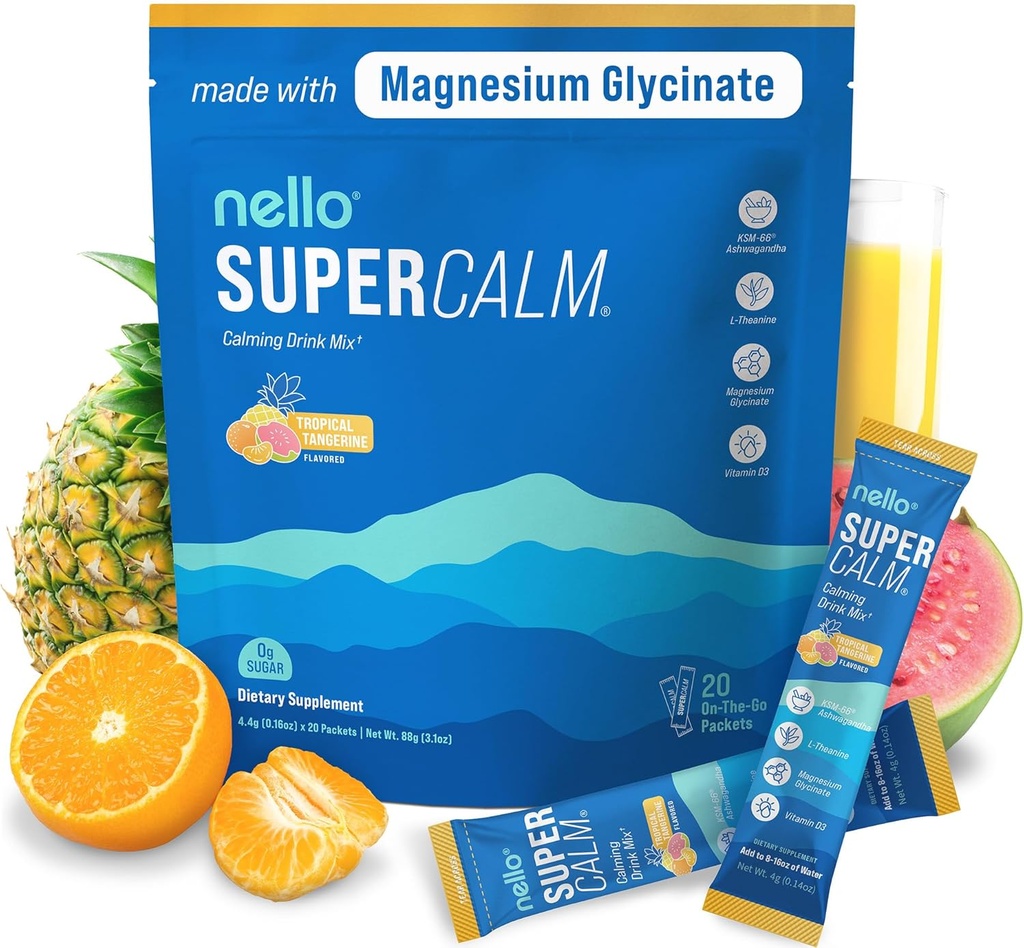 Nello Supercalm σε σκόνη μείγμα ποτών, Τροπική Ταμπερίνη, L Theanine, Ksm-66 Ashwagandha, Μαγνήσιο Γλυκινικό, Βιταμίνη D 3, Συμπληρώματα για χαλάρωση & εστίαση, φυσικό, χωρίς ζάχαρη, μη GMO, 20 Srvg