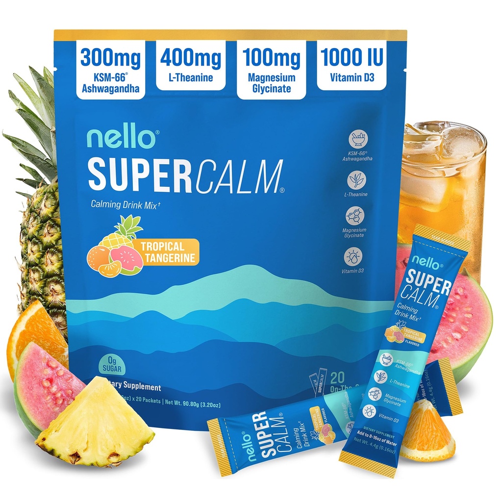 Nello Supercalm Tozlu İç Mix, Tropikal Tangerine, L Theanine, Ksm-66 Ashwagandha, Magnezyum Glycinate, Vitamin D 3, Supplements for Relaxation & Focus, Natural, No Sugar, Non GMO, 20 Srvggg