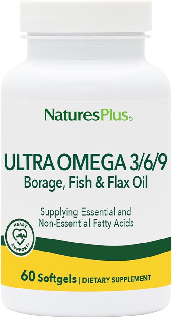 Natures Plus Ultra Omega 3 6 9-1200 mg, 60 Softgels - Borage Oil, Fish Oil, Flax Oil Supplement, Gluten-Free - 60 Servisler