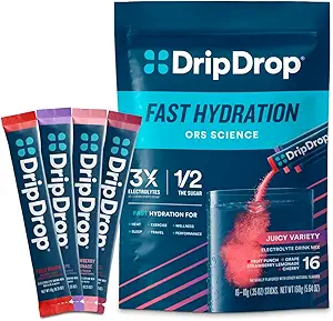 DripDrop Hydration Packets - Juicy Diversity Pack - Single Serve Electrolytes Toz İçecek Mix - Grape, Fruit Punch, Strawberry Lemonade, Cherry - Non-GMO, Gluten Free, Vegan - 16 Sticks