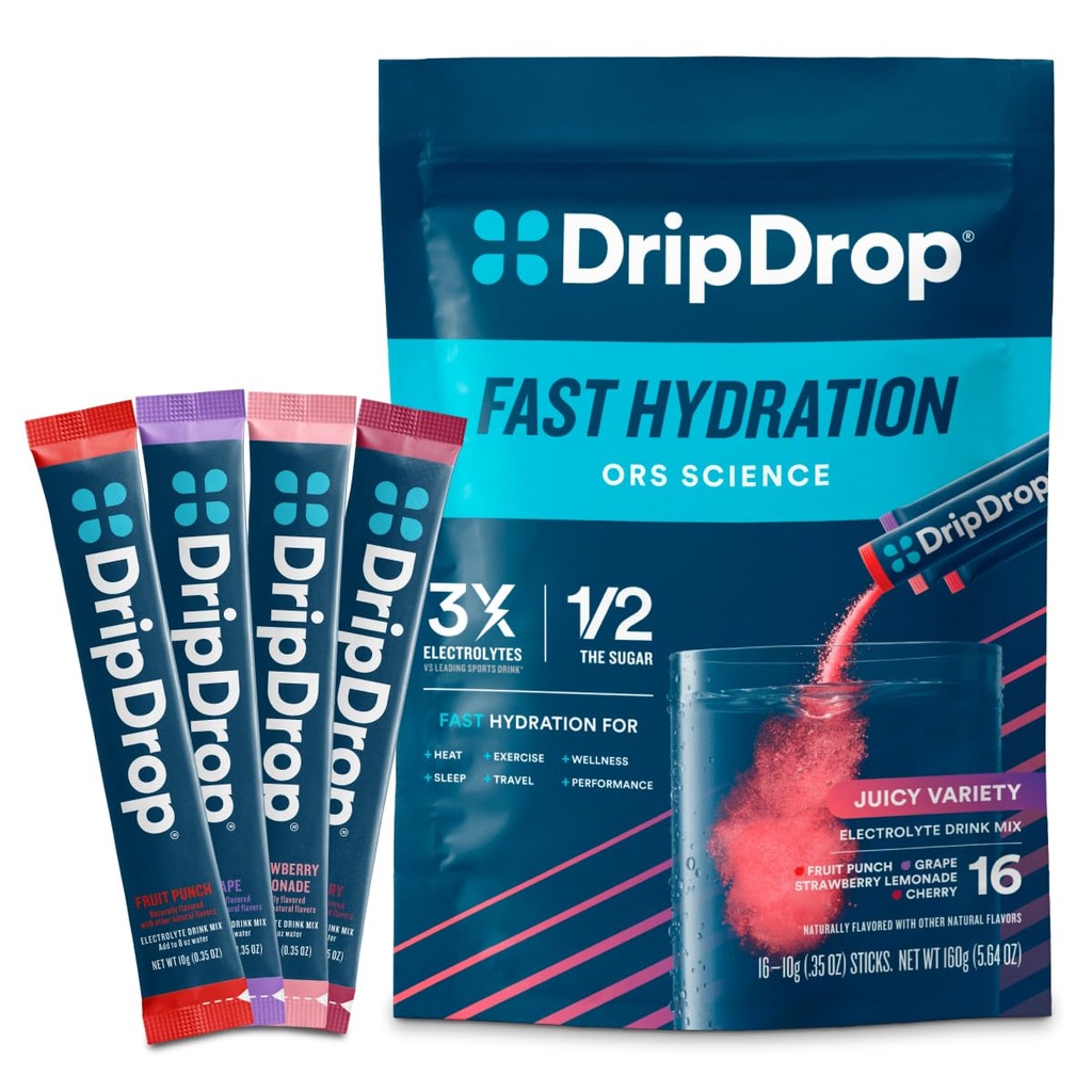 DripDrop Hydration Packets - Juicy Diversity Pack - Single Serve Electrolytes Toz İçecek Mix - Grape, Fruit Punch, Strawberry Lemonade, Cherry - Non-GMO, Gluten Free, Vegan - 16 Sticks