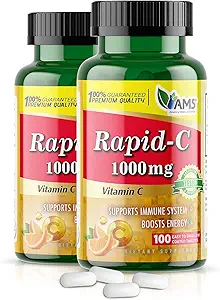 America Medic & Science Rapid-C 1000mg συμπλήρωμα βιταμίνης C (2 Pack of 100 Tablets) Ενεργειακός ενισχυτής, Καθημερινή υποστήριξη ανοσοποιητικού συστήματος, Αντιοξειδωτικό 