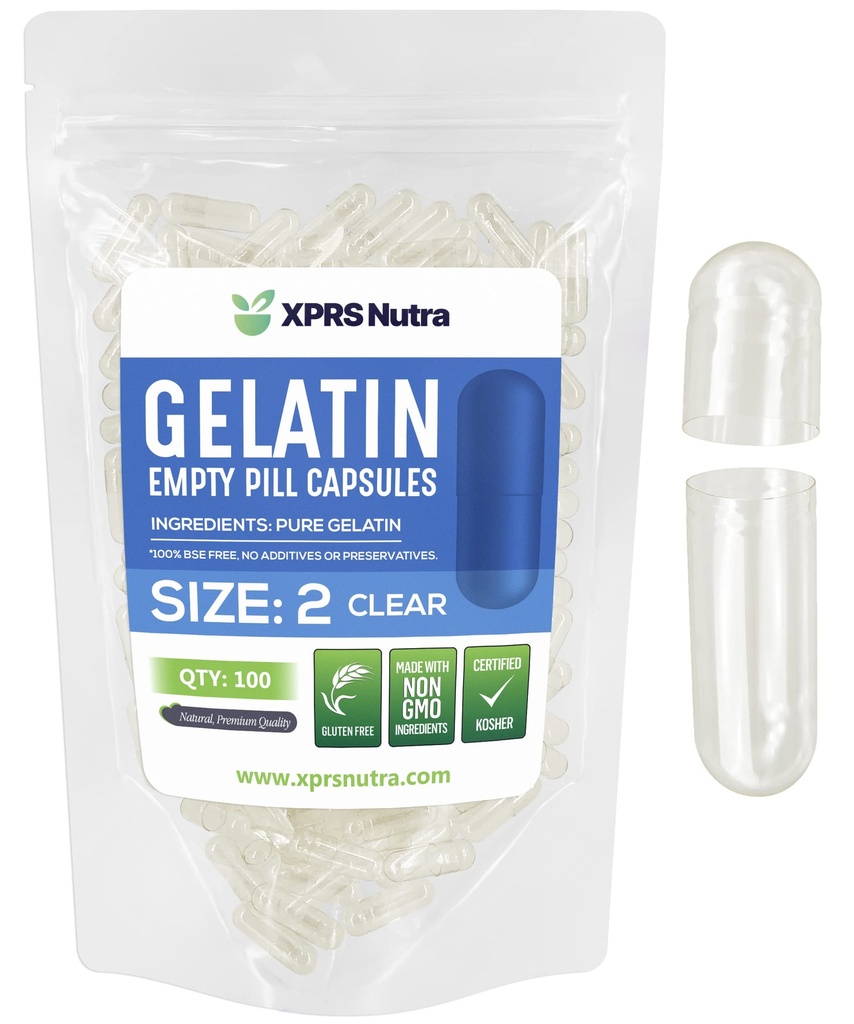 XPRS Nutra Boyutu 2 Boş Kapsüller - 100 Kont Clear Boş Gelatin Capsules - Pills DIY Capsule - Pure Bovine Pill Gel Caps For Do-It- Yourself Supplements
