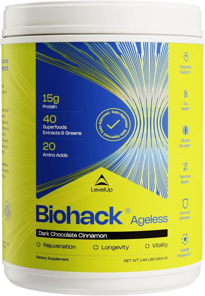 LevelUp Biohack Yaşsız: Colostrum Collagen Superfoods Antioksis Spermidine Amino Asit Kadın ve Erkekler için Krekasyon (Dark Chocolate Cinnamon)