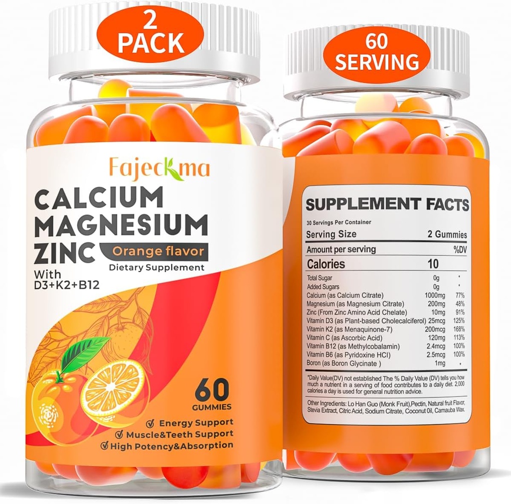 Ασβέστιο Μαγνήσιο Ψευδάργυρος Gummies για ενήλικες: Οργανικό 1000mg Ασβέστιο Κιτρικό Μαγνήσιο Συμπλήρωμα με D3 B12 - Ζάχαρη Χωρίς Υψηλή Απορρόφηση για γυναίκες άνδρες (60 Count(Pack of 2))