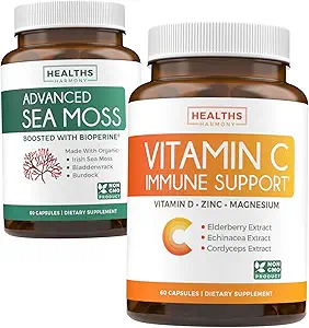 C Immune Support & Irish Sea Moss - Rene & Revive Set - Vitamin C Immune Support with çinko (60 Veg Capsules) & Irish Sea Moss with BioPerine (Non-GMO & Organic) - 60 Caps