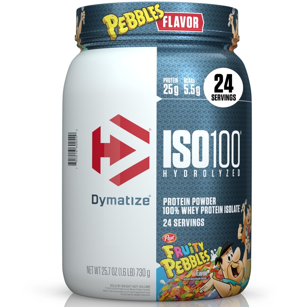 Dymatize x Fruity Pebbles ISO100 Whey Protein Powder Isolate, 25g πρωτεΐνης, 20 σέρβις, 5.5g BCAAs, 120 Cal., Χωρίς γλουτένη, 1g λίπος, 1g ζάχαρη, 2g υδατάνθρακες (24 σέρβις)