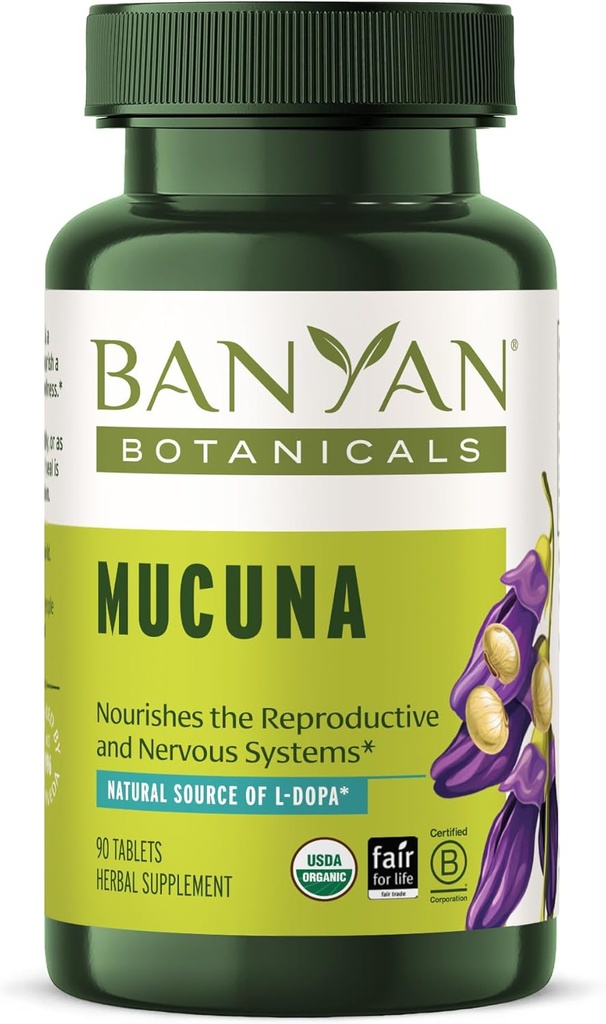 Banyan Botanikleri Mucuna Pruriens - Organik Herbal Tablet - Enerjilendirme, Sağlıklı Nervous & Reproductive Systems* - L-Dopa'nın Doğal Kaynağı - 90 Tabletler - Non-GMO Sustainable Sourced Vegan