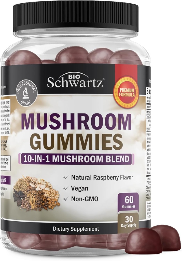Yetişkinler için Mushroom Gummies - 10in-1 Fonksiyonel Mushroom Supplement for Mood and Focus with Lions Mane Turkey Tail Cordyceps Shiitake Reishi - Vegan, Non-GMO, Fresh Raspberry Flavor, 60 Count