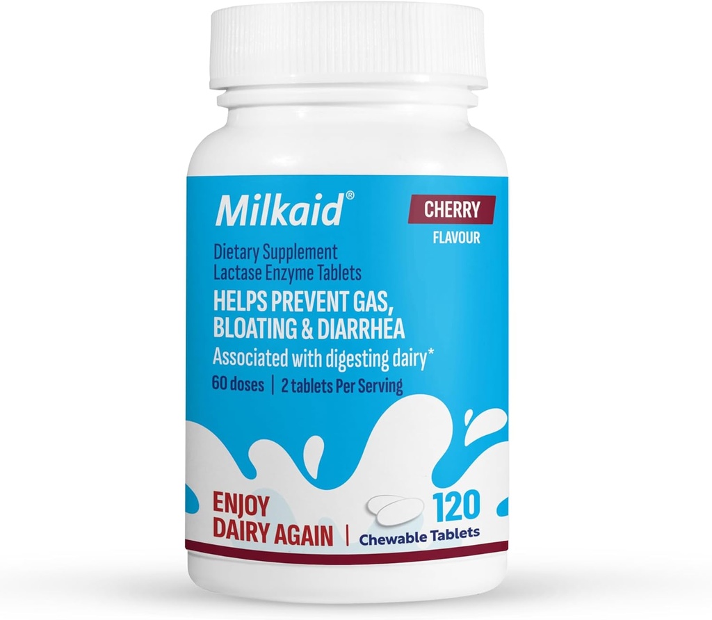 Sütaid Lactase Enzyme, Lactose intolerance Relief | Engeller Gaz, Bloating & Diarrhea | Fast Acting Dairy Digestive Supplement (120 Tablet, Cherry)