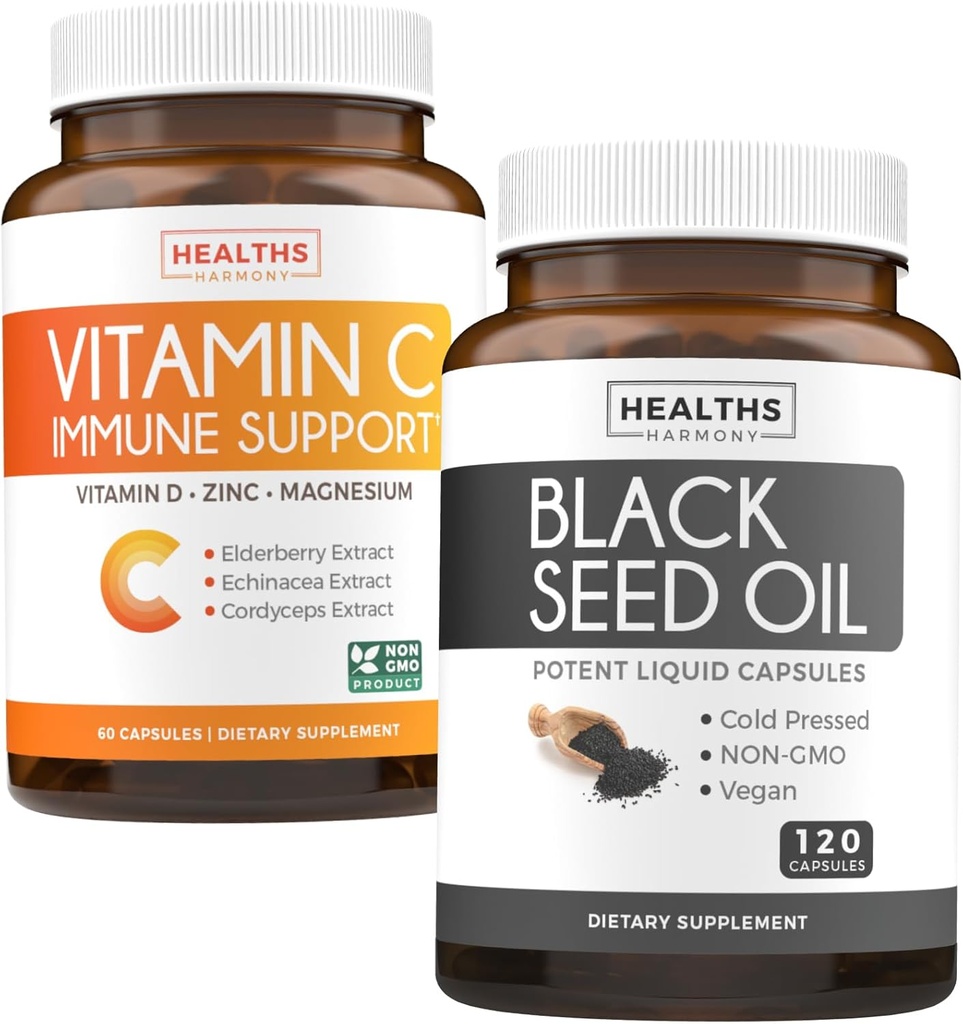 Black Seed & Vitamin C (2-Month Supply) Complete Defense Immune Bundle of Black Seed Oil - Nigellia Sativa Cold-Pressed Cumin Seed (120 Capules) & Vitamin C Immune Support (60 Vegetarian Tablets)