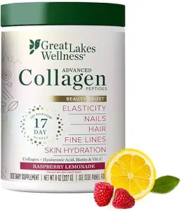 Great Lakes Wellness Beauty Boost Advanced Collagen Peptides Powder with Hyaluronic Acid, Biotin, Vitamin C - Skin Elasticity and Hydration - Raspberry Lemonade Flavor - Non-GMO, Keto, Kosher - 8 oz