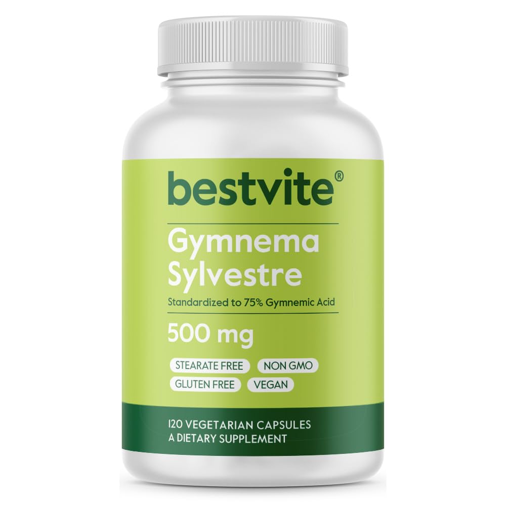 BESTVITE Gymnema Sylvestre 500mg (120 κάψουλες χορτοφάγων) - Τυποποιημένο σε 75% Γυμναστικό Οξύ - Χωρίς Stearates - Χωρίς Fillers - Δεν Flow Agents- Vegan - Μη ΓΤΟ - Χωρίς γλουτένη