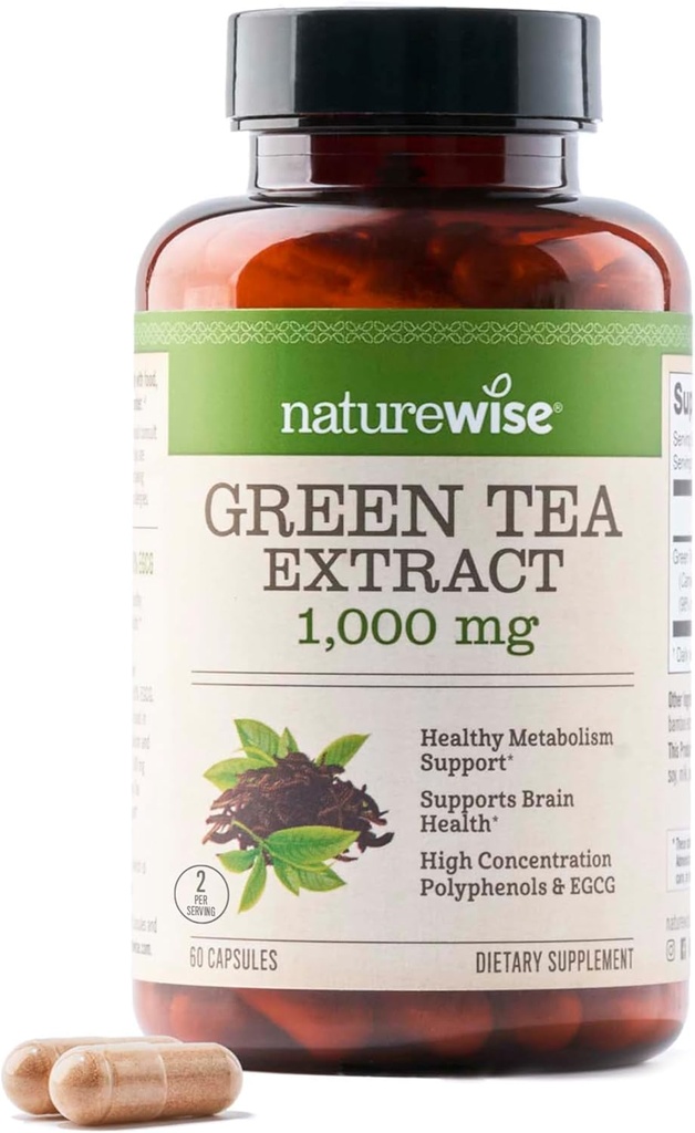 NatureWise Green Tea Extract Capsules 1000 mg - 50% EGCG & 98% Polyphenols - Extra Strength Green Tea Pills - Antioxidants for Heart Health & Energy - Vegan, Non-GMO - 60 Count[30-Day Supply]