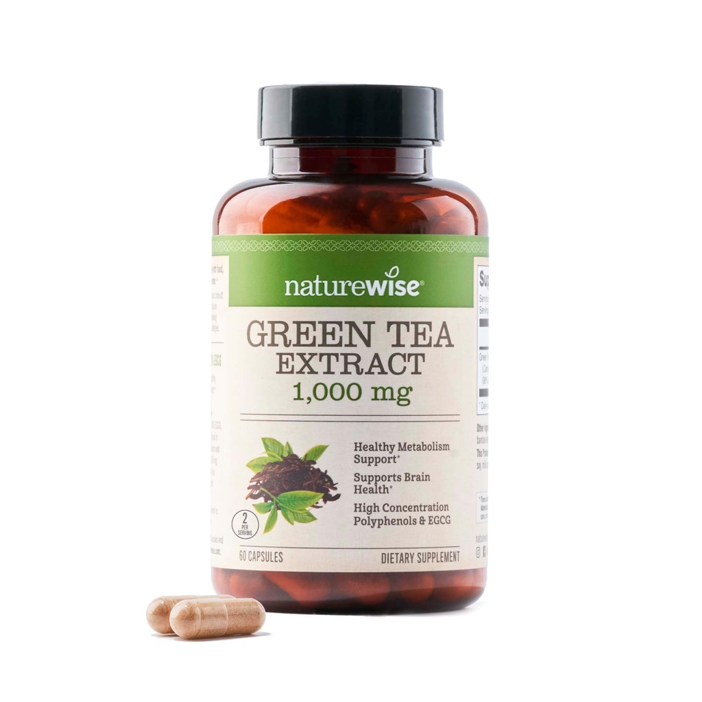 NatureWise Green Tea Extract Capsules 1000 mg -% 50 EGCG & 98 Polyols - Ekstra Güçlü Yeşil Çay Pilleri - Kalp Sağlığı ve Enerji - Vegan, Non-GMO - 60 Count[30-Day Supply]